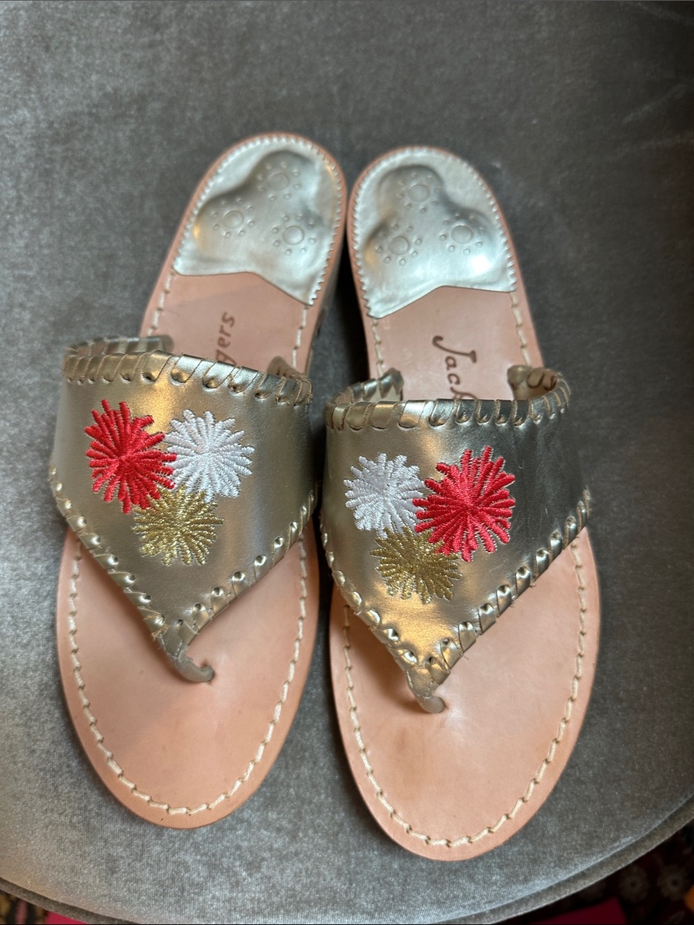 Jack Rogers Gold Leather Embroidered Floral Thong Sandals